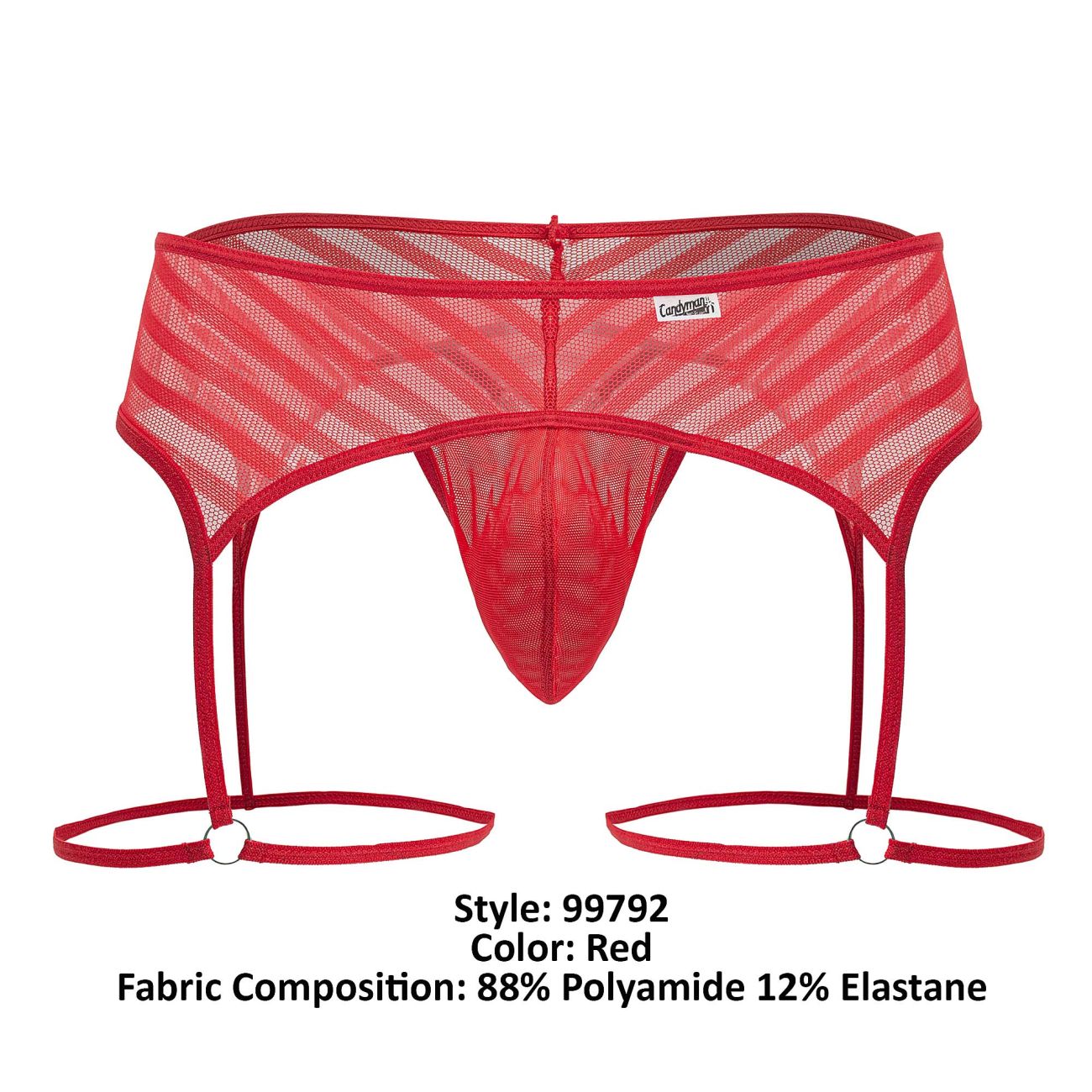 Red mesh garter belt with diagonal stripes and adjustable straps from candyman 99792 in vibrant red color
