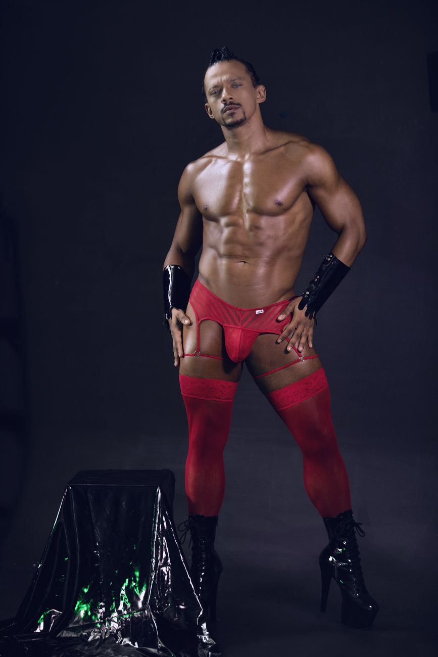 Red lace-trimmed high-waisted mesh briefs with matching thigh-high stockings and black patent leather gloves candyMan 99792