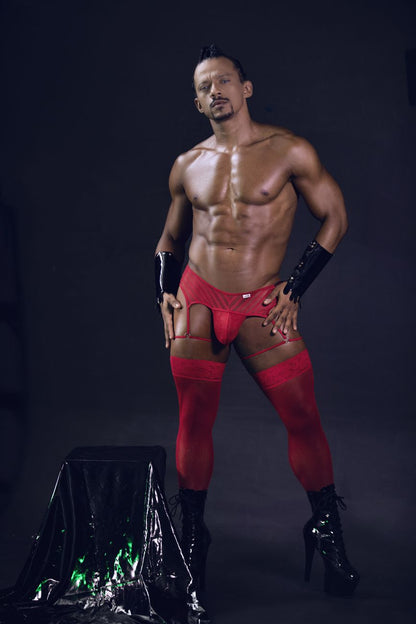 Red lace-trimmed high-waisted mesh briefs with matching thigh-high stockings and black patent leather gloves candyMan 99792