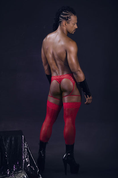 Red sheer thigh-high stockings with black lace trim and matching mesh garter belt in candyman 99792 color red