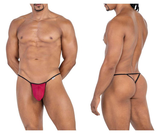 Bright pink form-fitting thong with black trim and white logo on the side candyMan 99795 mesh g-string thong burgundy