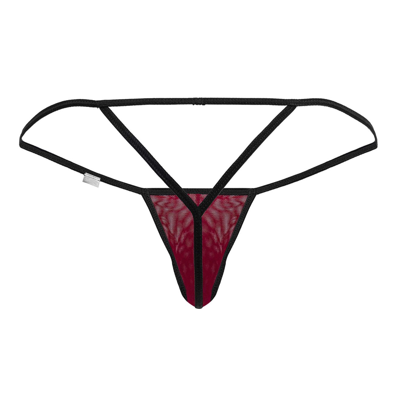 Black and maroon candyMan 99795 mesh g-string thong with lace details and burgundy color shown from the back side