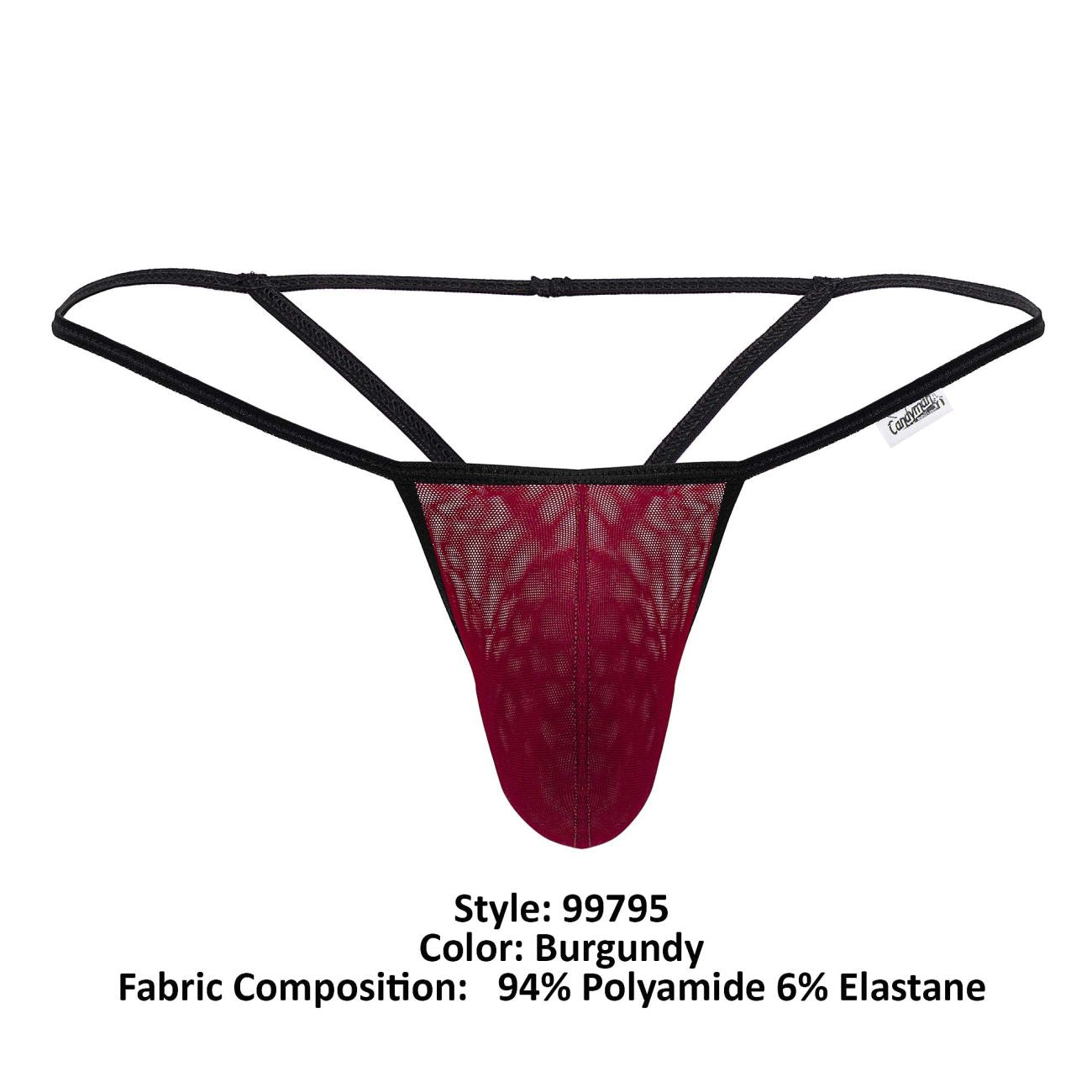 Burgundy lace thong with black elastic straps and subtle gradient effect by candyman 99795 mesh g-string thongs
