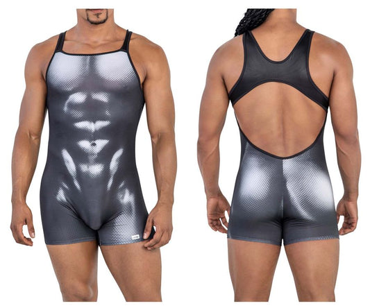 Black and silver gradient CandyMan 99796 muscle onesie bodysuit with detailed abdominal print in athletic fabric