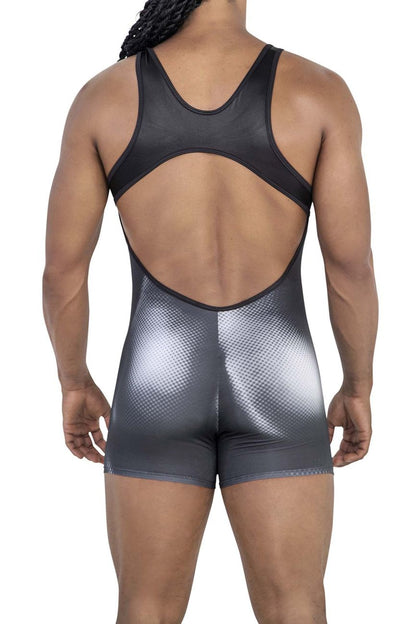 Black and silver gradient wrestling singlet with mesh back panel candyMan muscle onesie bodysuit black white back view