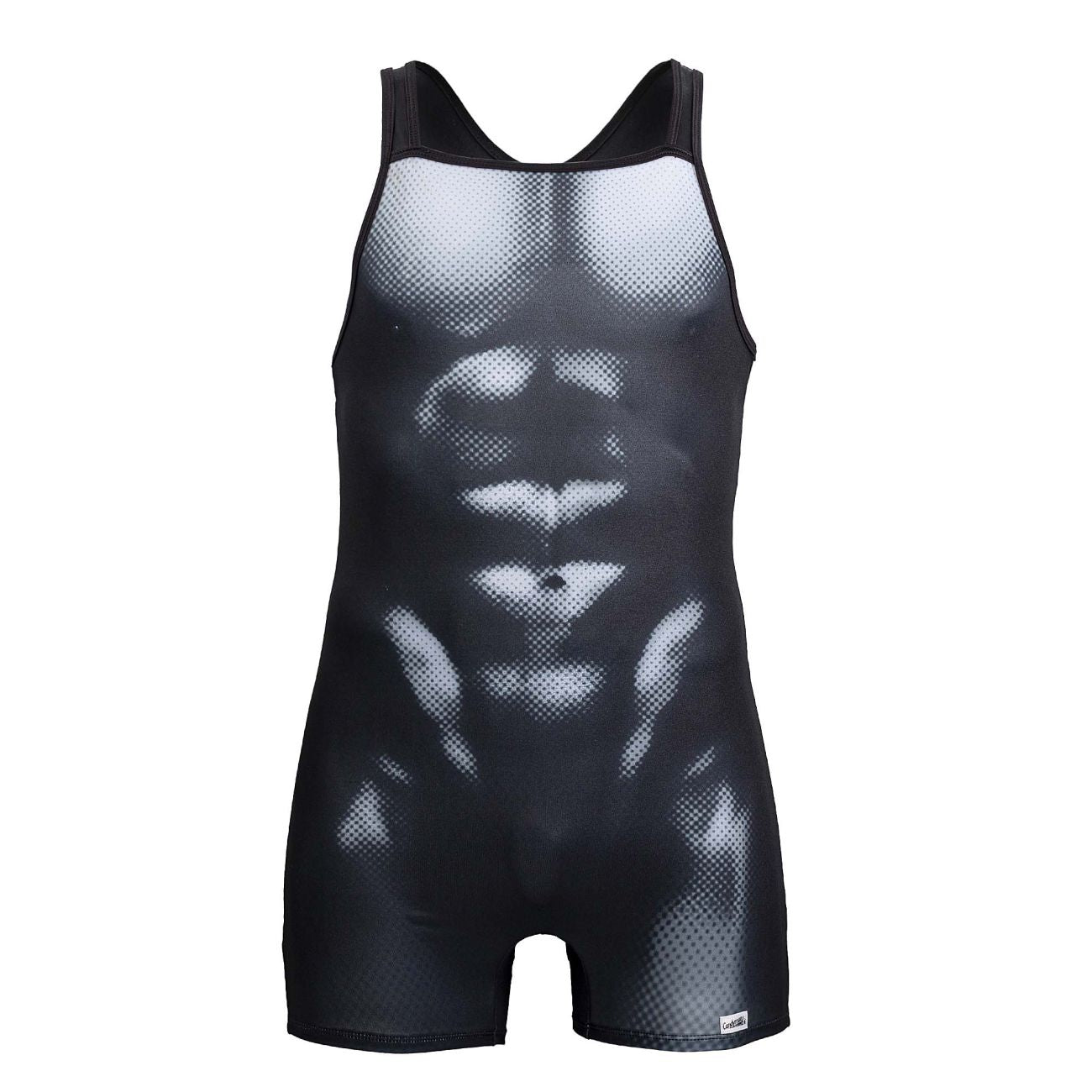 Black and white mesh-patterned wrestling singlet candyMan 99796 with detailed abdominal muscle design