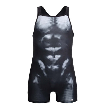 Black and white mesh-patterned wrestling singlet candyMan 99796 with detailed abdominal muscle design