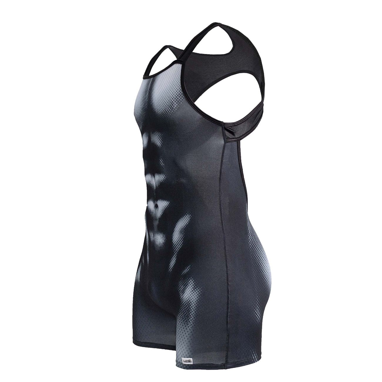Candyman 99796 muscle onesie bodysuit in black and white with muscular torso graphic and breathable mesh panels
