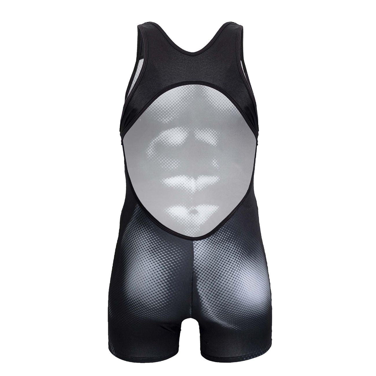 Black and silver mesh wrestling singlet with reflective textured design on torso candyMan 99796 muscle onesie bodysuit
