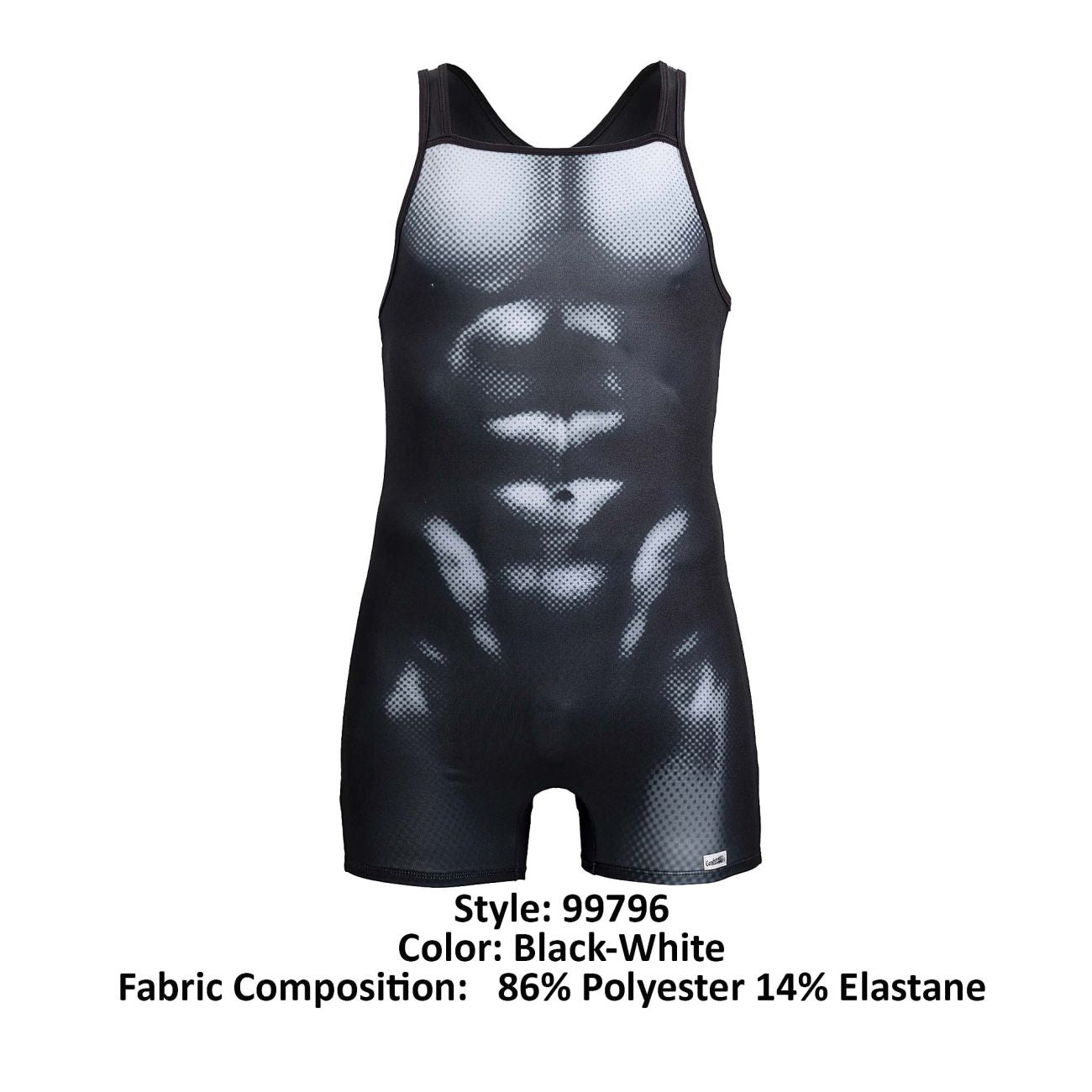 Black and white mesh wrestling singlet CandyMan 99796 with detailed abdominal muscle design in black-white color