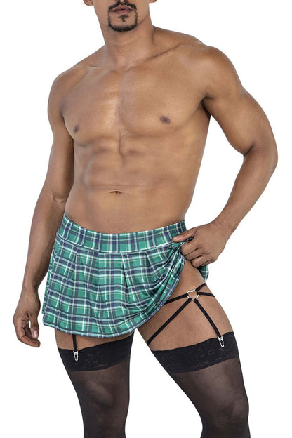 Green and white plaid pleated skirt with black garter straps from candyman 99799 garter outfit in green color
