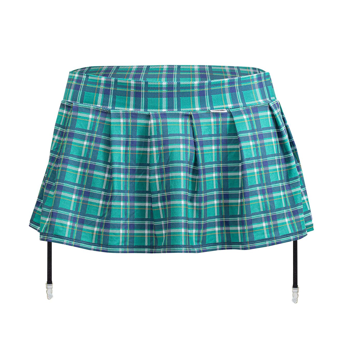 Teal and navy plaid pleated mini skirt with black garter straps from candyman 99799 garter outfit color green
