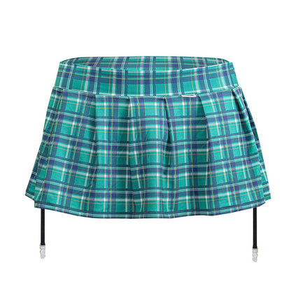 Teal and navy plaid pleated mini skirt with black garter straps from candyman 99799 garter outfit color green