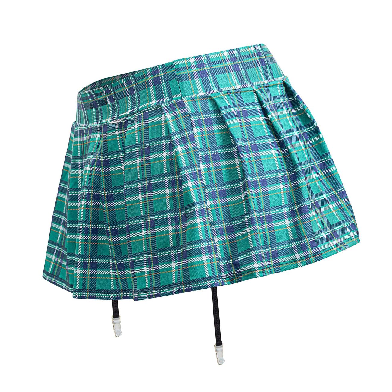 CandyMan 99799 garter outfit green pleated teal and navy plaid skirt with black garter straps for stylish wear