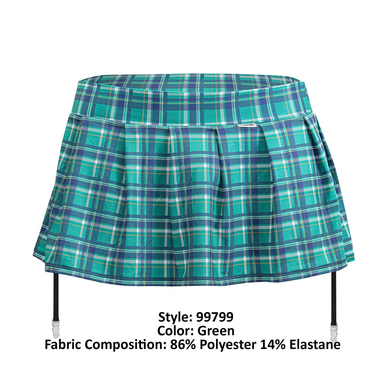 Teal and navy plaid pleated mini skirt with black suspenders from candyman 99799 garter outfit color green