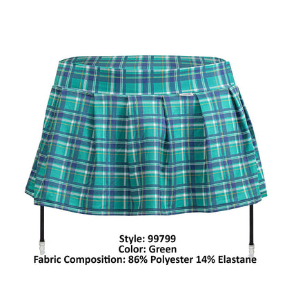 Teal and navy plaid pleated mini skirt with black suspenders from candyman 99799 garter outfit color green