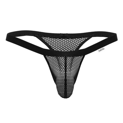 Black mesh thong CandyMan 99801 with solid elastic waistband and small brand tag visible on front side