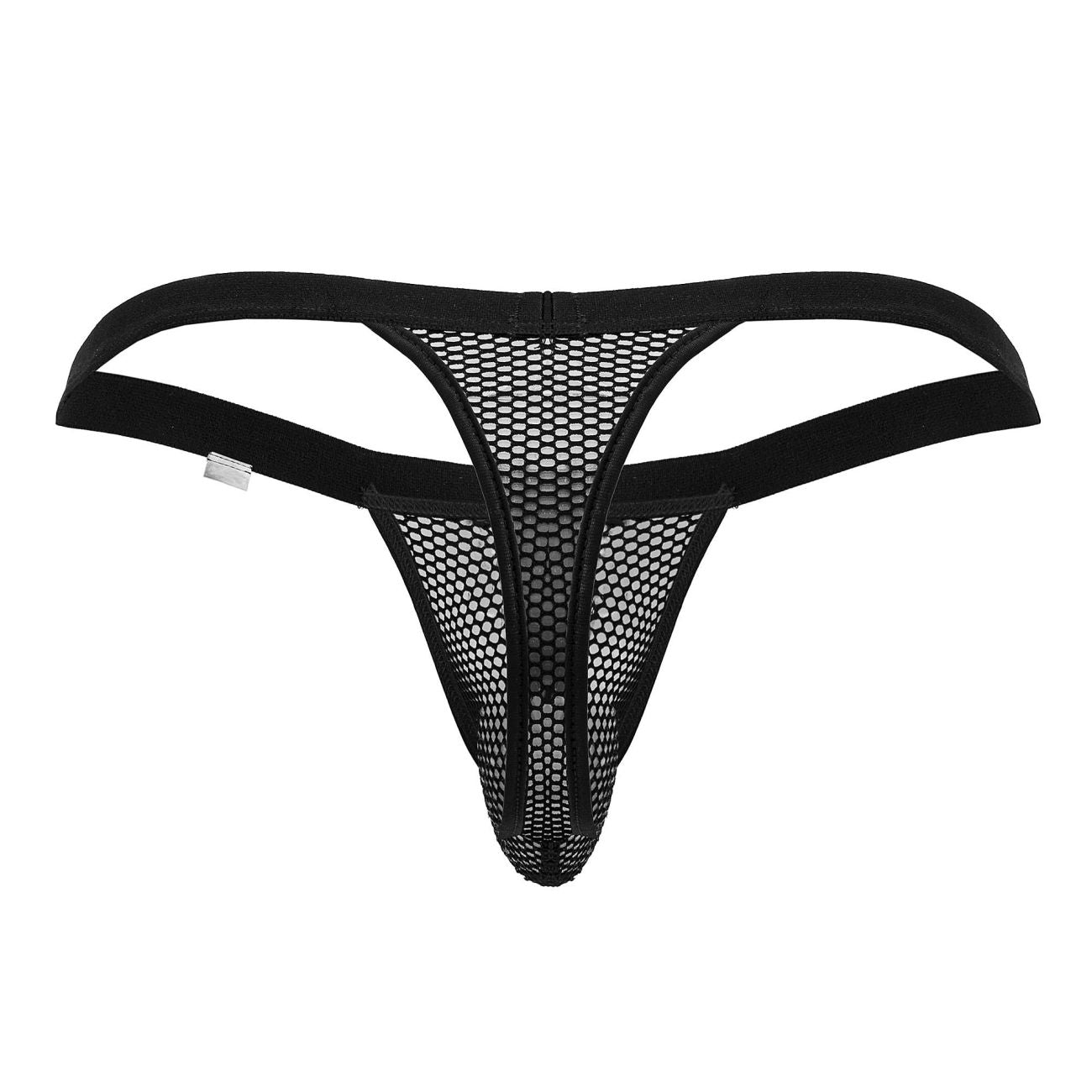 CandyMan 99801 black mesh thong with solid elastic straps and central zipper showing front view