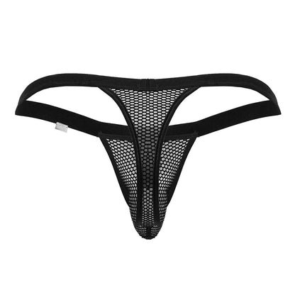 CandyMan 99801 black mesh thong with solid elastic straps and central zipper showing front view