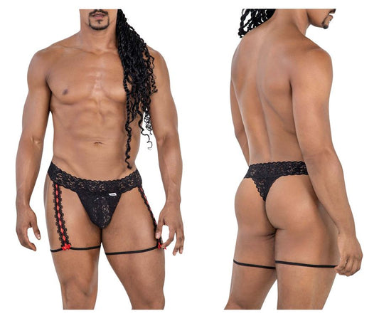 Black lace thong with red decorative trim and matching garter straps from CandyMan 99803 in black color