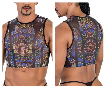 CandyMan 99805 stained glass tank top black print with angelic figure and floral patterns on sheer mesh crop top