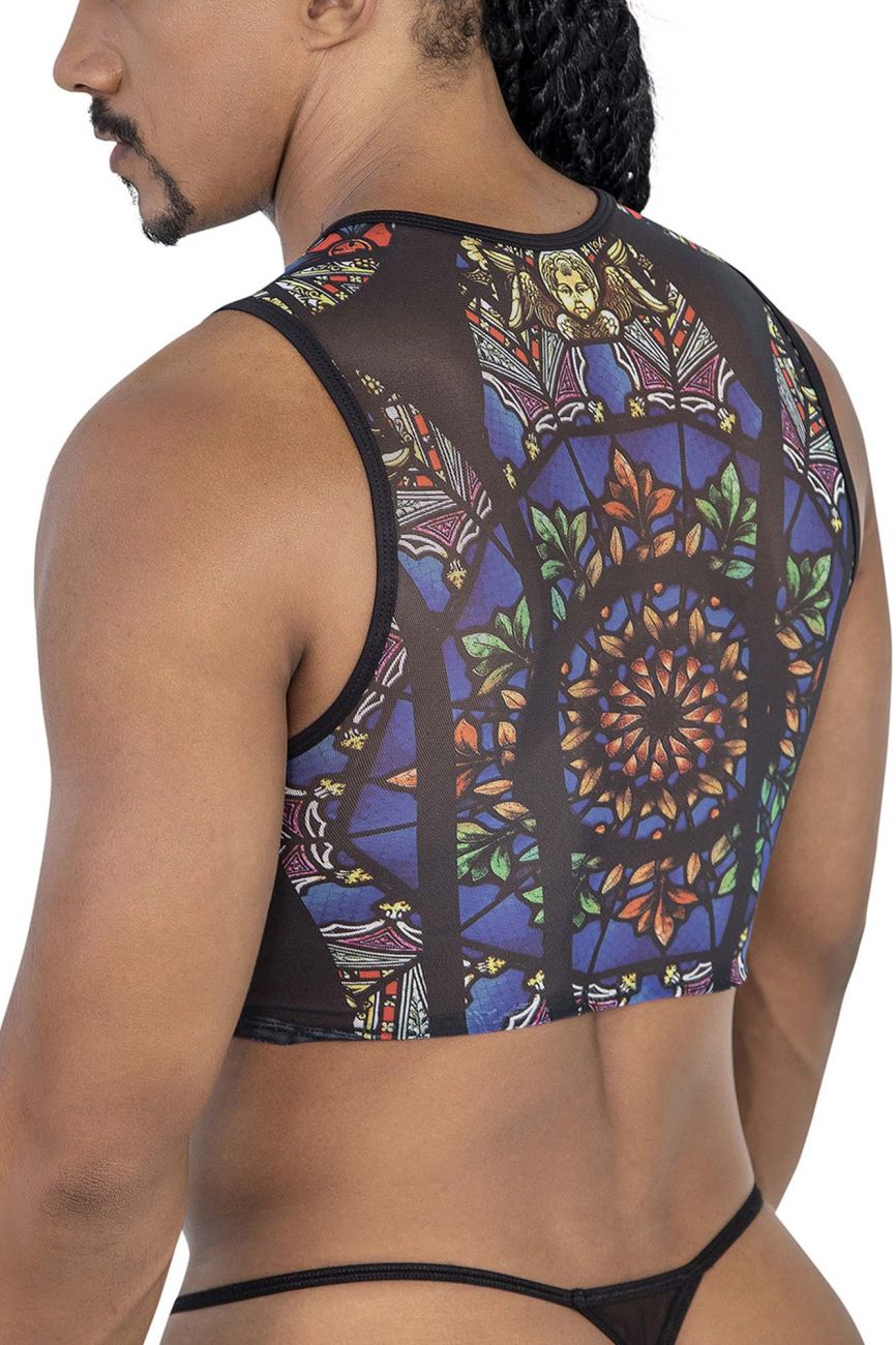 Black mesh crop top with vibrant stained glass window design in blue green orange and gold candy man 99805