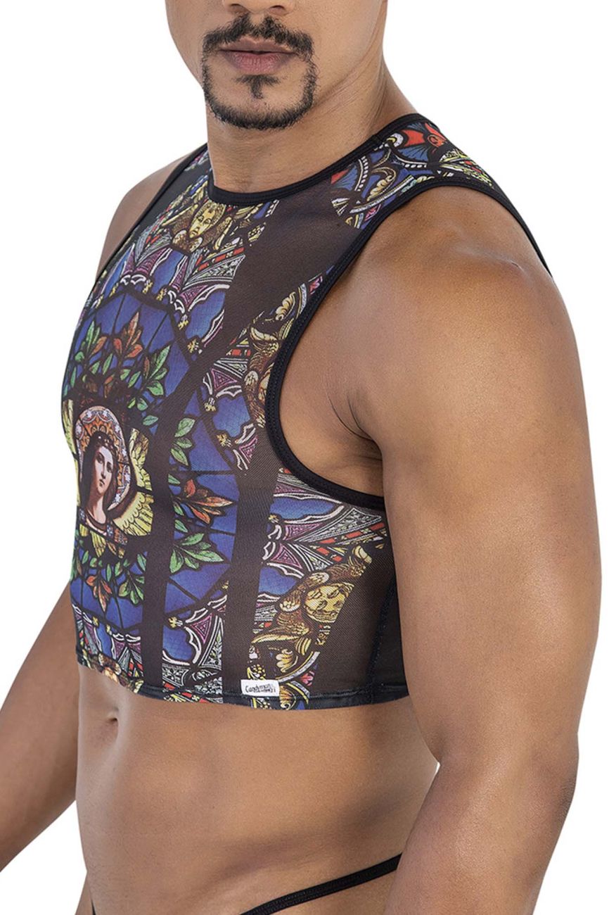 CandyMan 99805 stained glass tank top in black with vibrant blue gold and black angelic pattern design