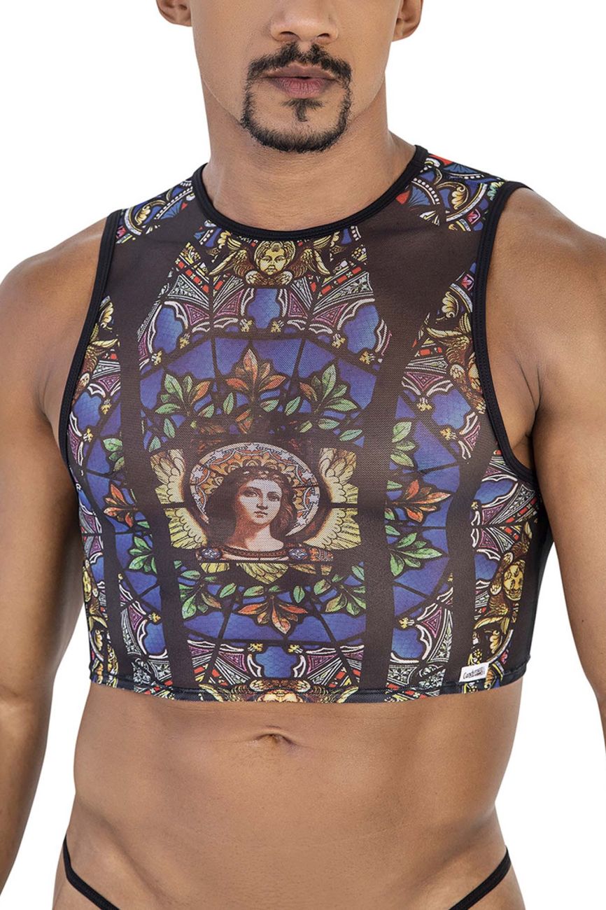CandyMan 99805 stained glass tank top in black with a sheer mesh base featuring a central angelic figure and blue gold patterns
