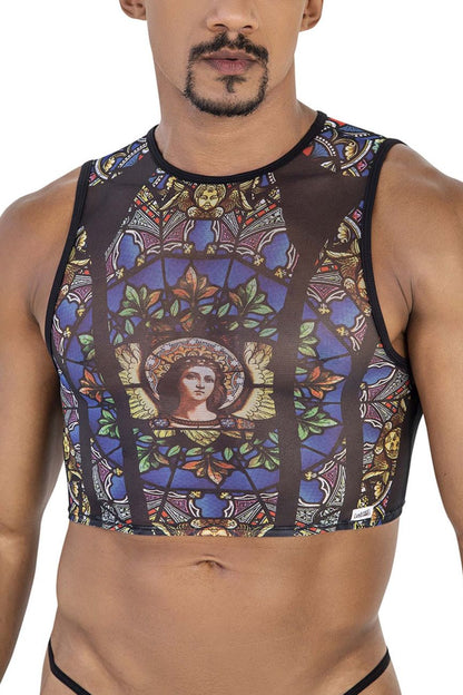 CandyMan 99805 stained glass tank top in black with a sheer mesh base featuring a central angelic figure and blue gold patterns