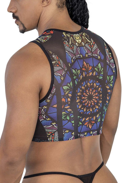 CandyMan 99805 black mesh crop top featuring vibrant stained glass window design in blue green orange and gold hues