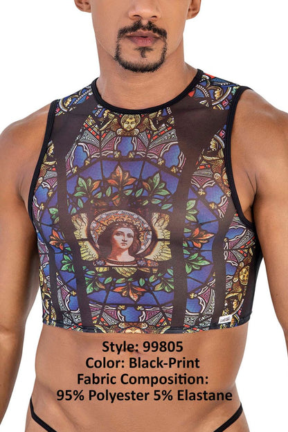 CandyMan 99805 black-print sleeveless crop top with stained glass angel design on sheer mesh fabric