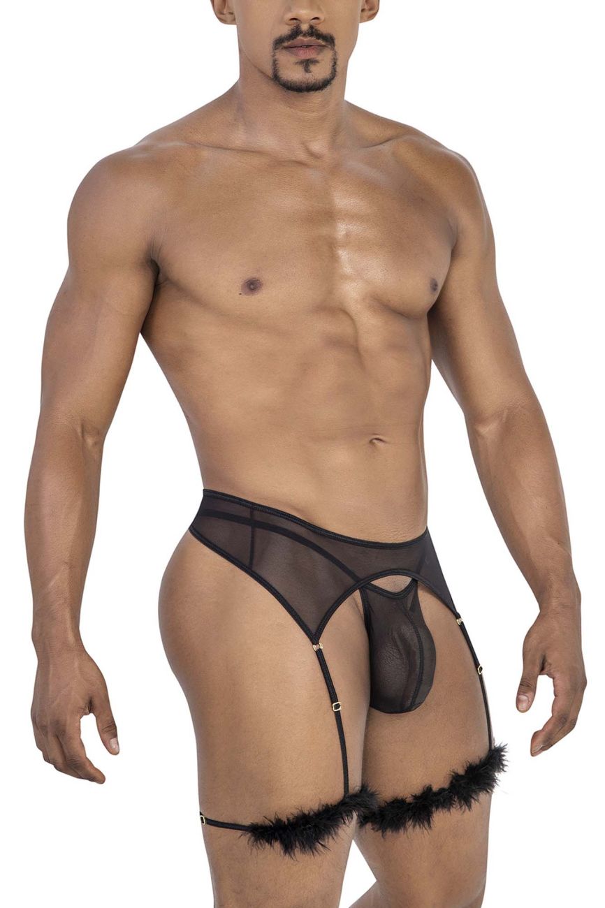 CandyMan 99806 black sheer mesh garter belt with feathered cuffs and central pouch in a lingerie outfit
