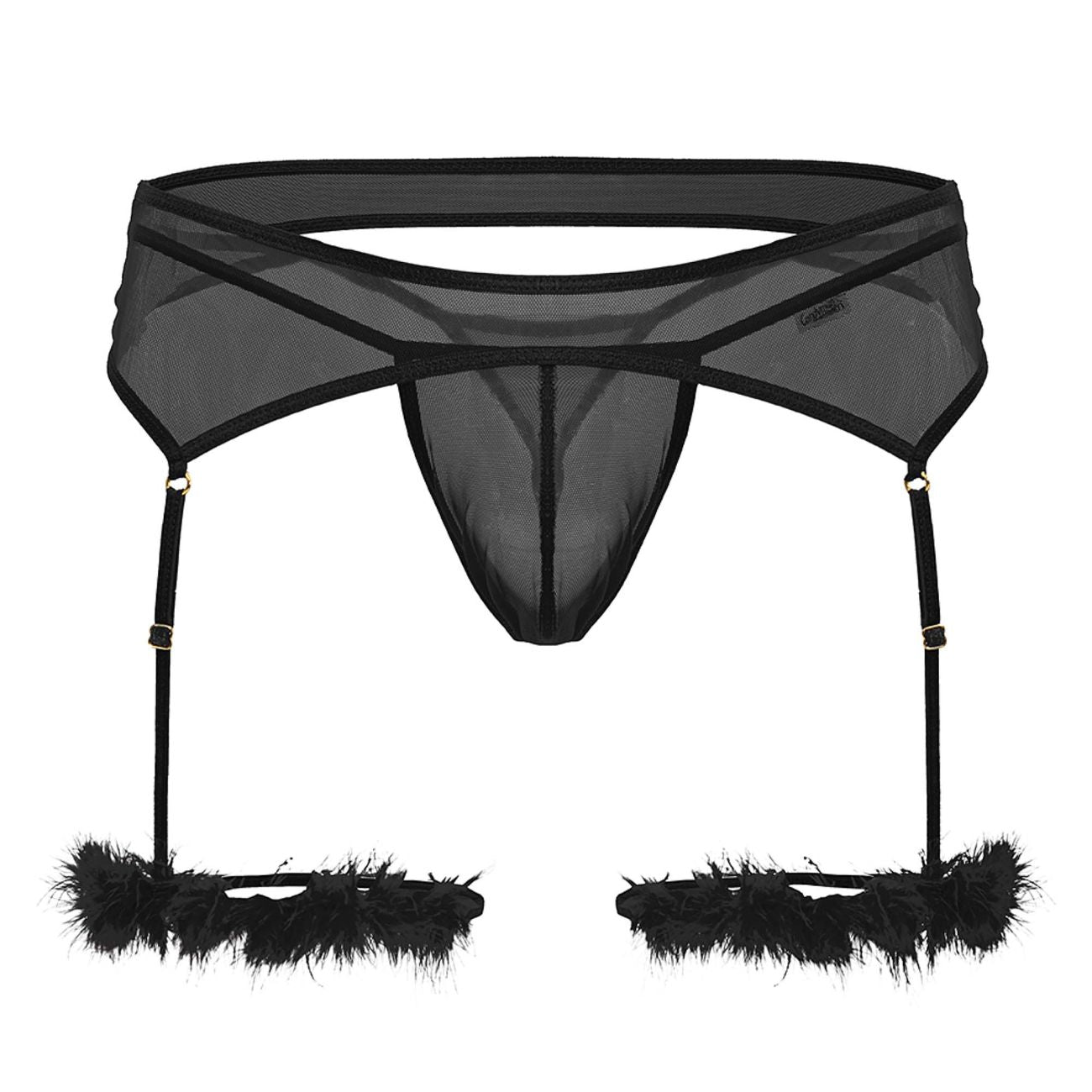 Black sheer mesh garter belt with feathered leg straps from Candyman 99806 mesh garter outfit in black color