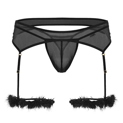 Black sheer mesh garter belt with feathered leg straps from Candyman 99806 mesh garter outfit in black color