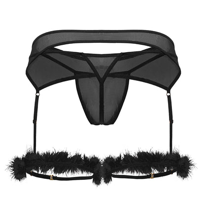 Black sheer mesh garter belt with feather trim and adjustable straps from candyman 99806 outfit in black