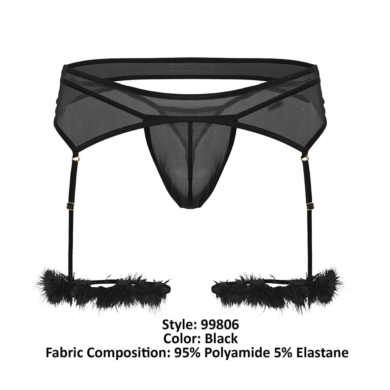 Black sheer mesh CandyMan 99806 garter belt with feathered cuffs and adjustable straps for a sexy outfit