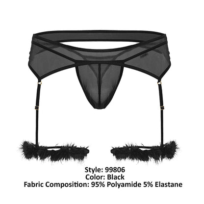 Black sheer mesh CandyMan 99806 garter belt with feathered cuffs and adjustable straps for a sexy outfit