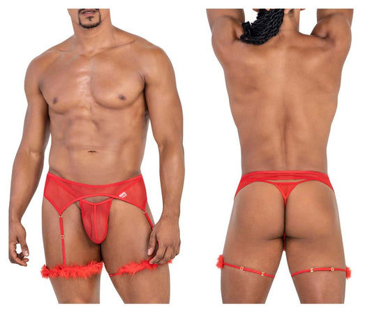 CandyMan 99806 red sheer mesh men’s lingerie with feather trim and adjustable garter straps front view