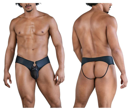 Black leather-like mens briefs with central pouch and gold-tone hardware from Candyman 99817 bulge jockstrap black