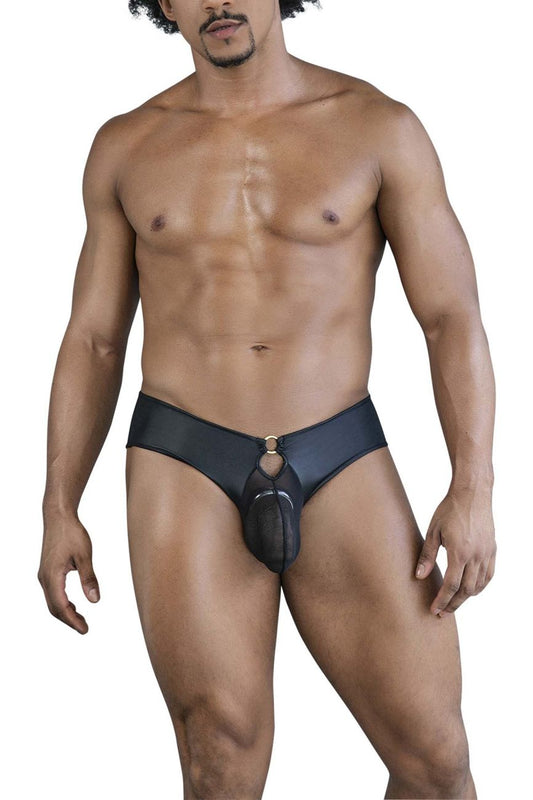 Black leather-like men’s thong with central pouch and metallic ring detail candyMan 99817 bulge jockstrap black