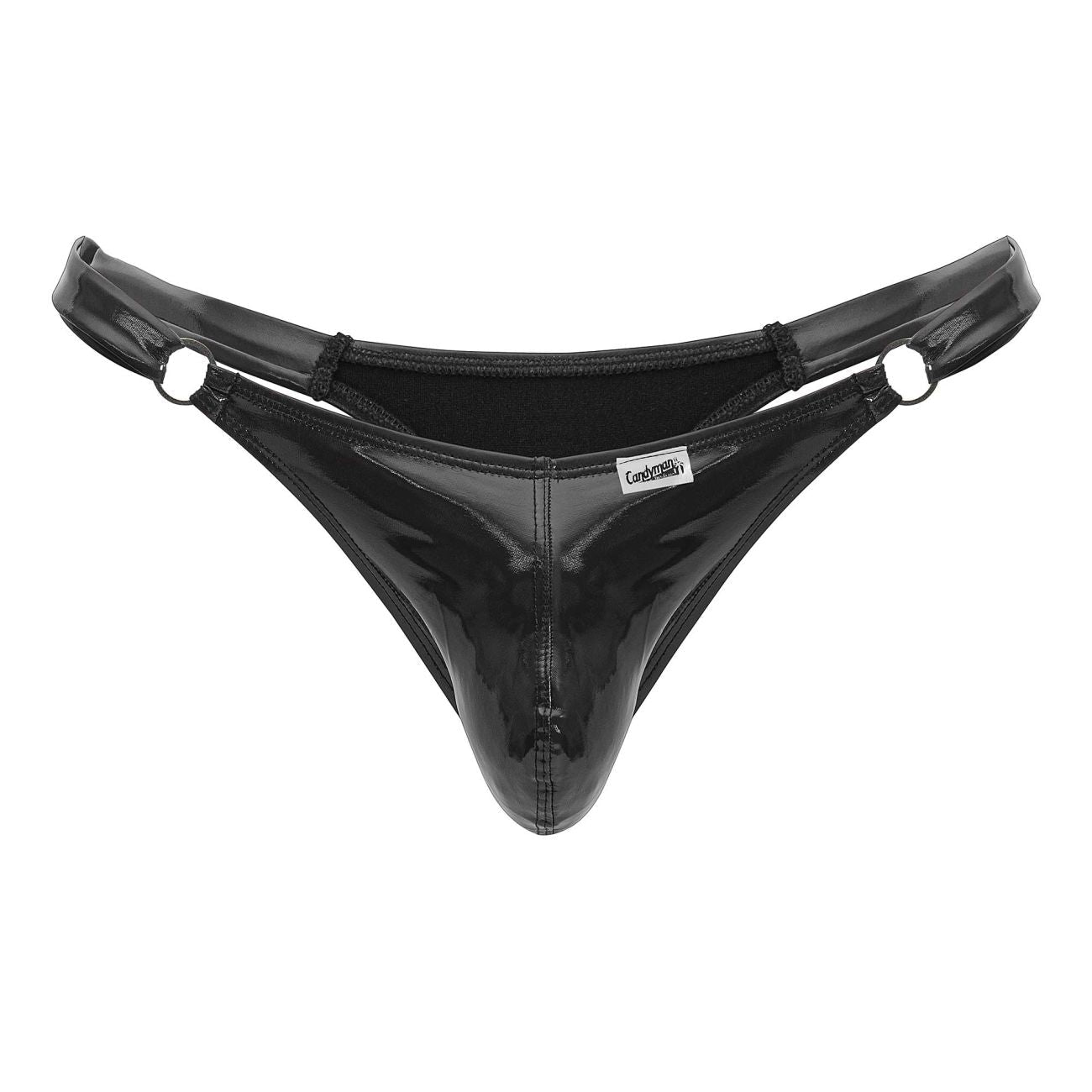 Black patent leather thong with glossy finish and reinforced metal rings at waistband candyMan 99819 Dom thongs