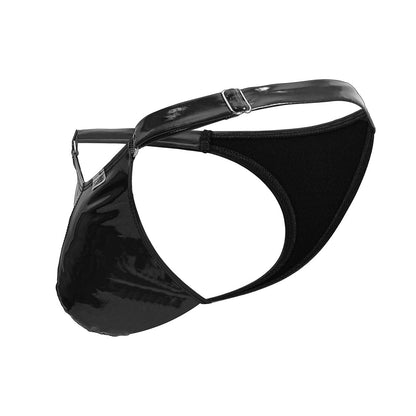 CandyMan 99819 Dom thong in gloss black patent leather with silver buckle and adjustable strap visible from the back
