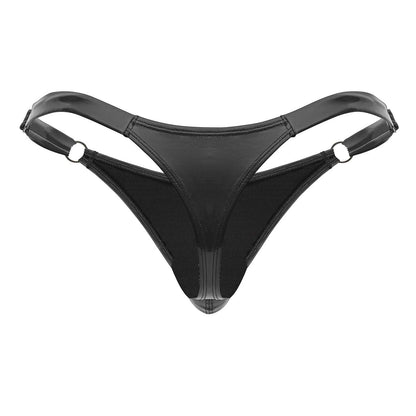 Black patent leather CandyMan 99819 dom thong with a glossy finish and adjustable straps in gloss black