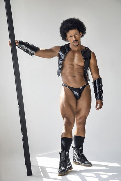Black leather vest with silver studs and matching black armored arm guards from candyman 99819 dom thongs gloss black collection