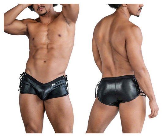 Black shiny faux leather mens briefs candyMan 99820 side-tie trunks with lace-up sides and silver eyelets