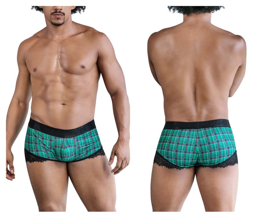 Green plaid men’s briefs with black lace trim and solid black waistband candyMan 99821 back to school trunks