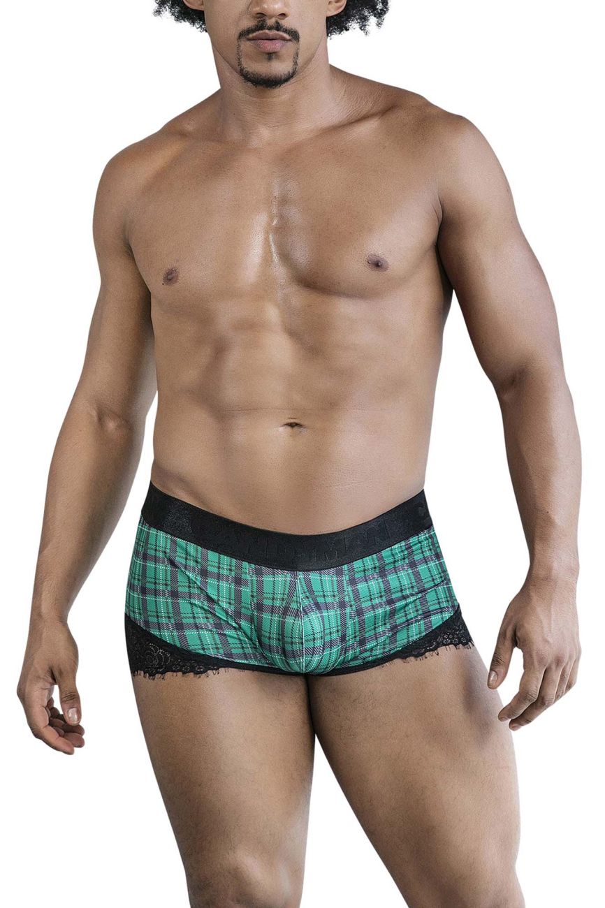 Green and black plaid CandyMan 99821 back to school trunks with lace trim boxer briefs front view