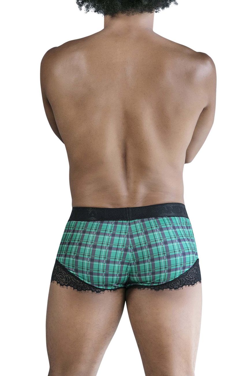 Green and black plaid briefs with lace trim from candyman 99821 back to school trunks collection in green plaid