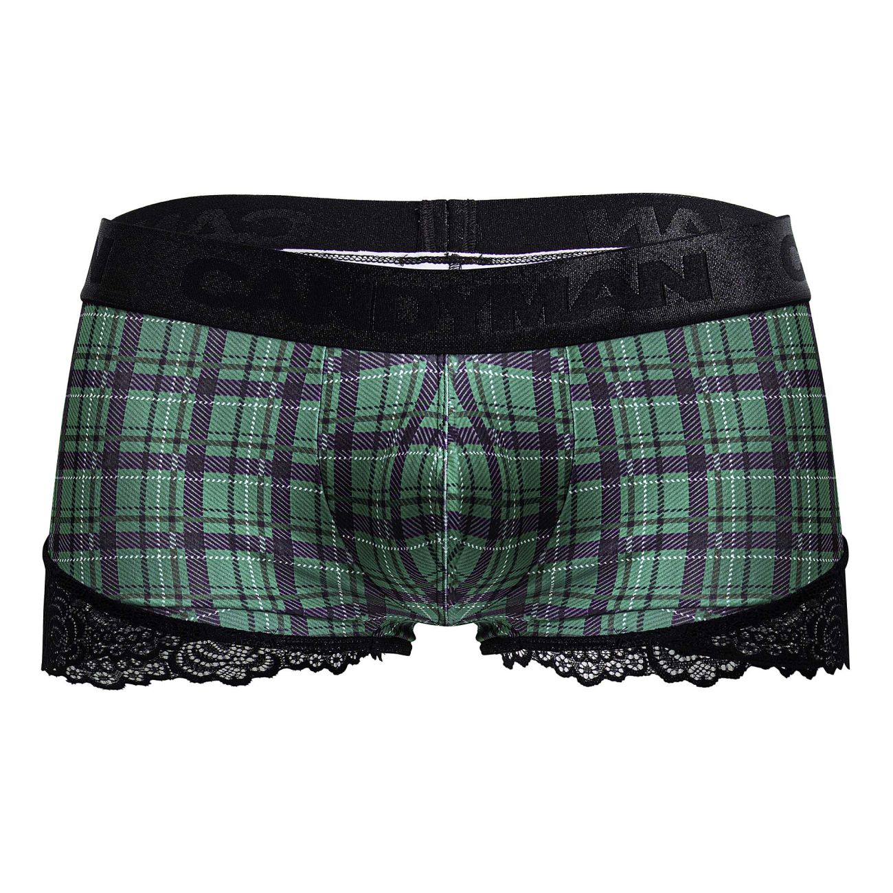 Green and purple plaid boxer briefs with black lace trim and branded elastic waistband candyMan 99821 trunks
