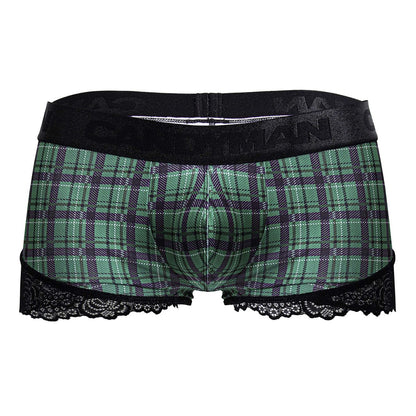 Green and purple plaid boxer briefs with black lace trim and branded elastic waistband candyMan 99821 trunks
